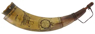 Powder Horn,
11", scrimshaw New York map,
paneled neck, raised lip for strap